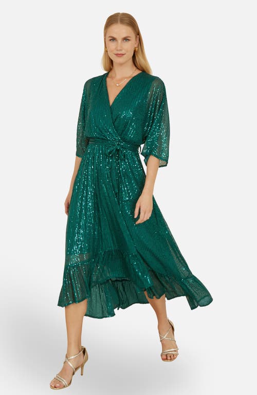 Yumi Sequin Kimono Midi Wrap Dress In Green