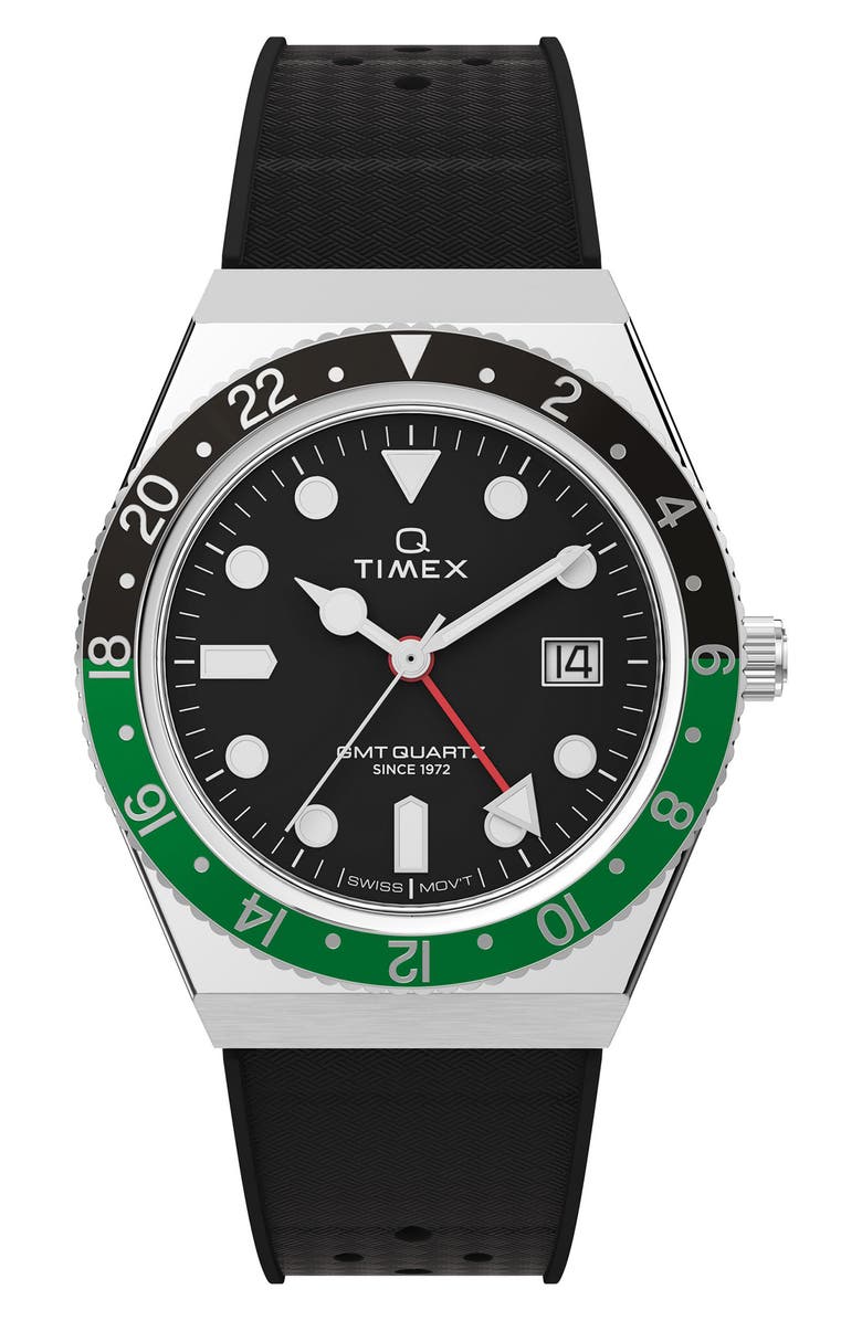 Timex<sup>®</sup> Q Timex GMT Synthetic Rubber Strap Watch, 38mm, Main, color, Black