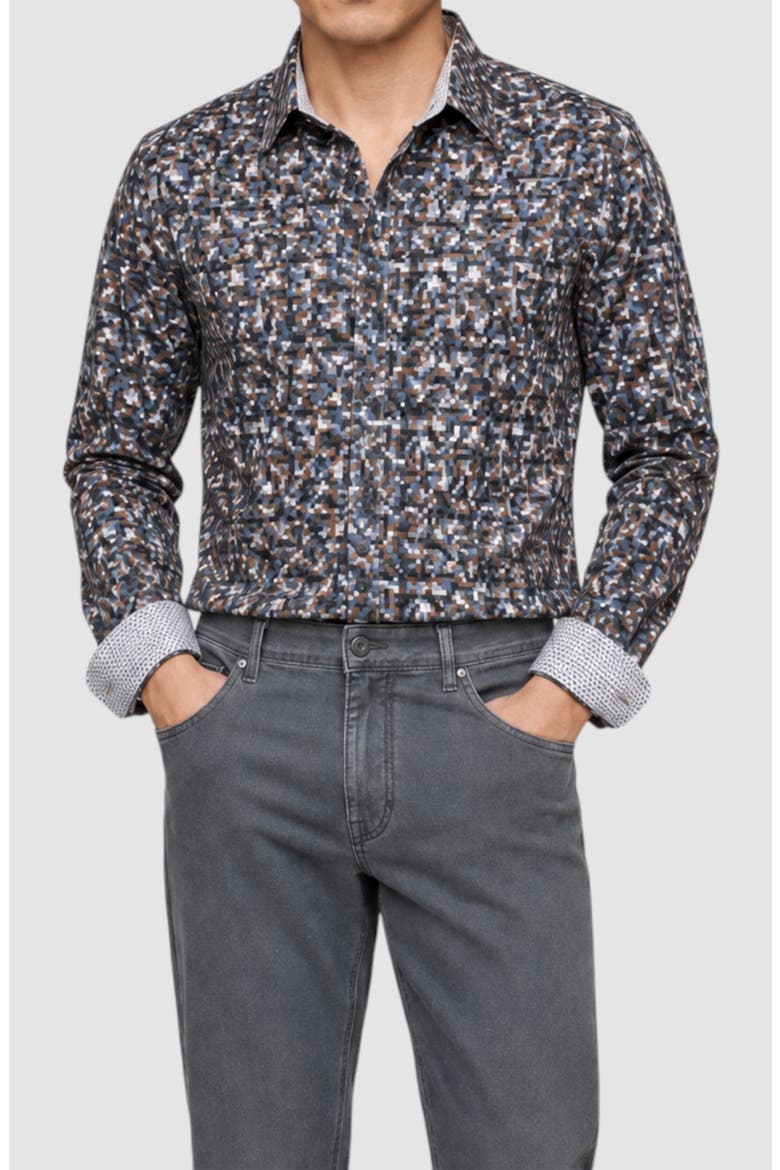 Pixel Fade Print Button Up Shirt, Main, color, BROWN