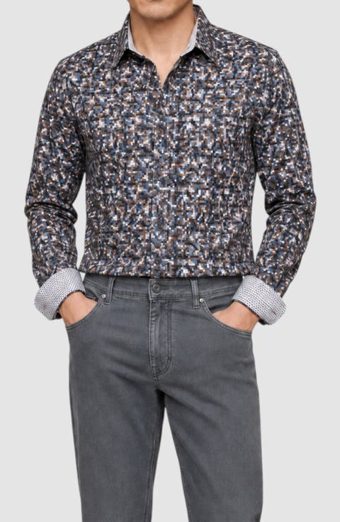 Pixel Fade Print Button Up Shirt