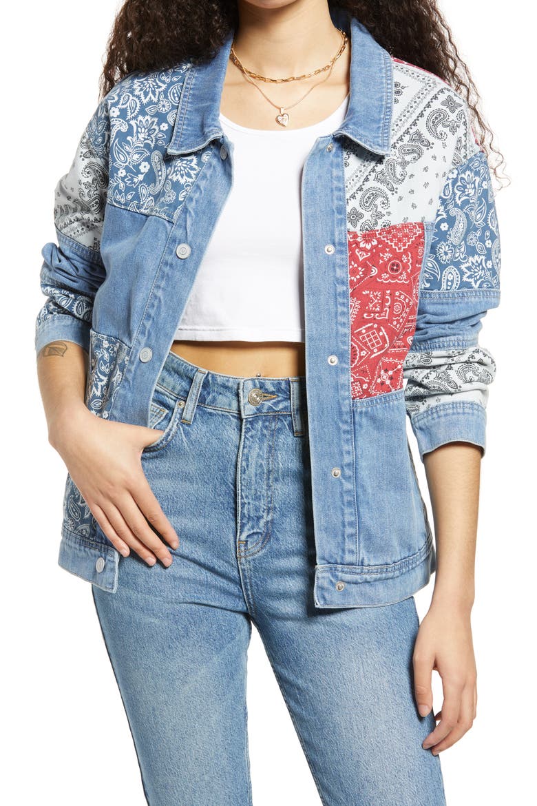 Bandana Patchwork Denim Jacket, Main, color, MEDIUM WASH