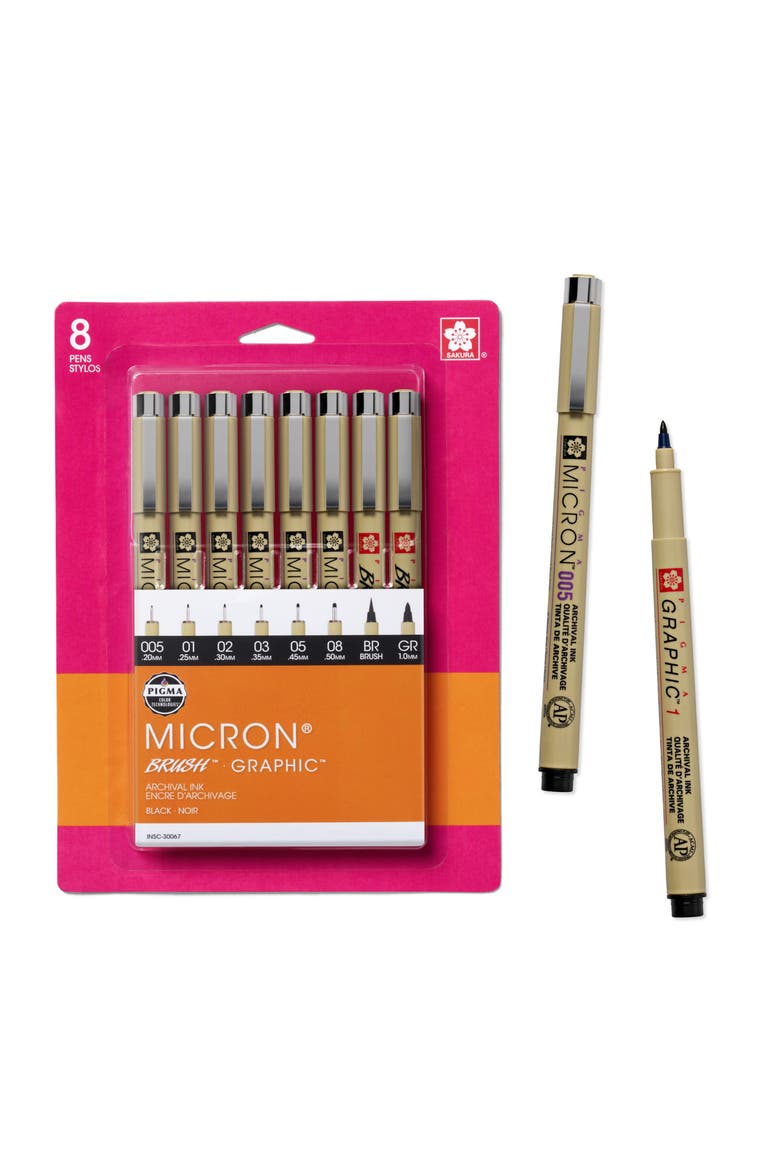 Pigma Micron Fineliner Pens, Black, Assorted Points, 8 Pack, Main, color, Black