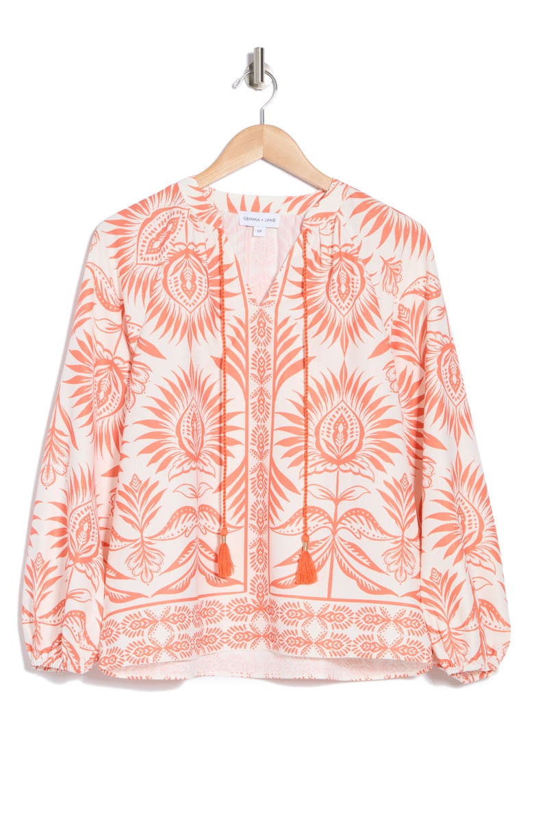 Gemma + Jane Boarder Print Tie Neck Top, Alternate, color, Sunkissed / Ivory