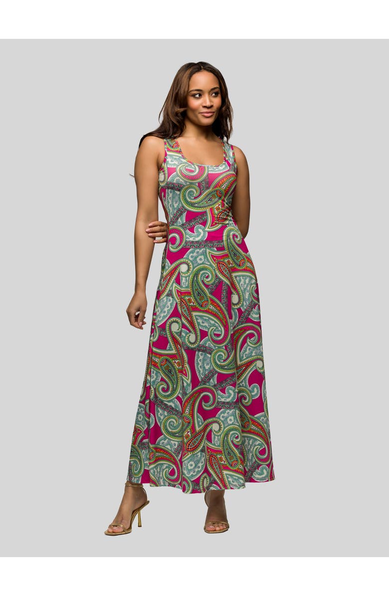 24seven Comfort Apparel Hot Pink Paisley Print Scoop Neck A-Line Sleeveless Maxi Dress, Main, color, Pink Multi