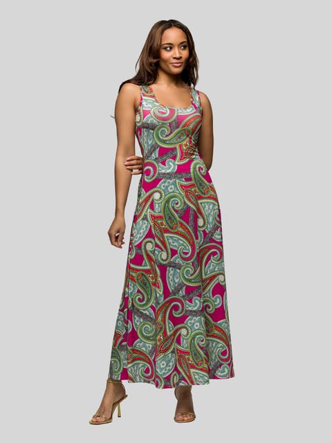 Hot Pink Paisley Print Scoop Neck A-Line Sleeveless Maxi Dress