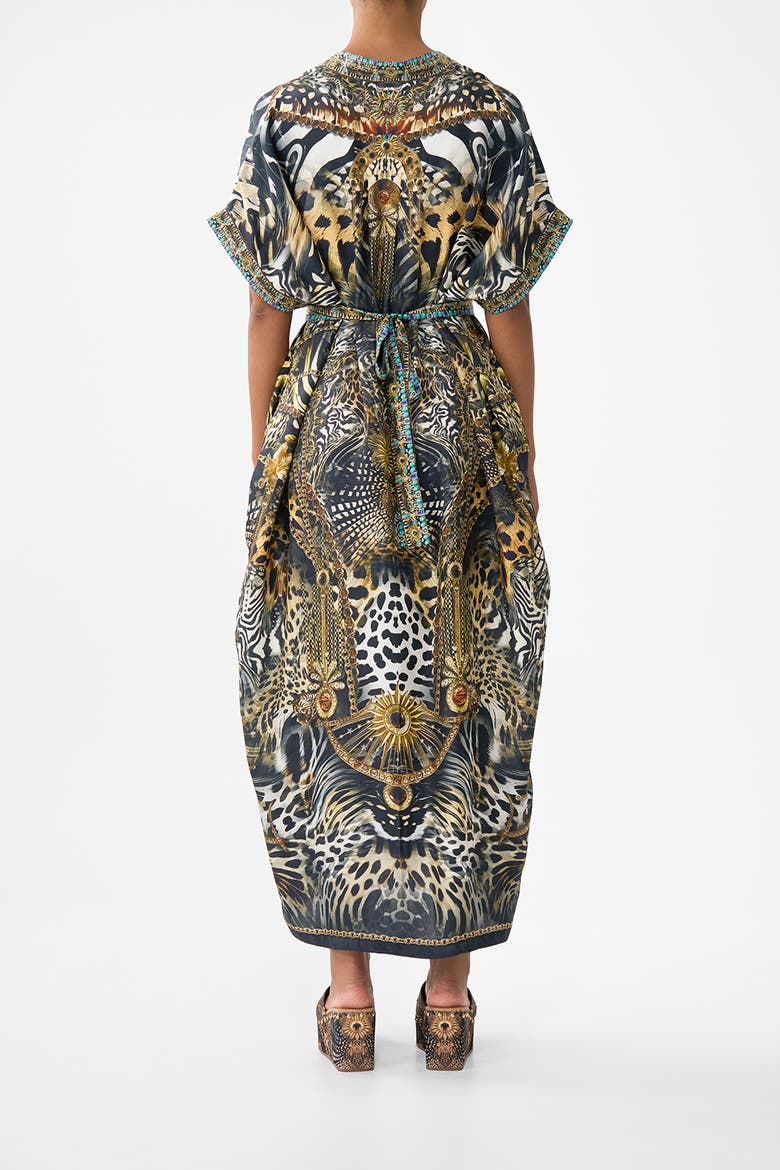 Short Sleeve Kaftan With Tie Waist, Alternate, color, Feline Folklore