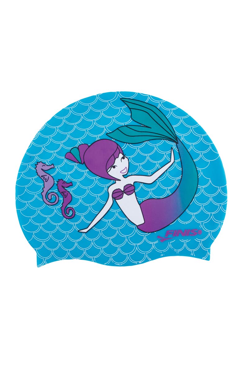 FINIS Mermaid Kids Swim Cap 100% Silicone Fun Prints Universal Fit Chlorine Protection, Main, color, Blue