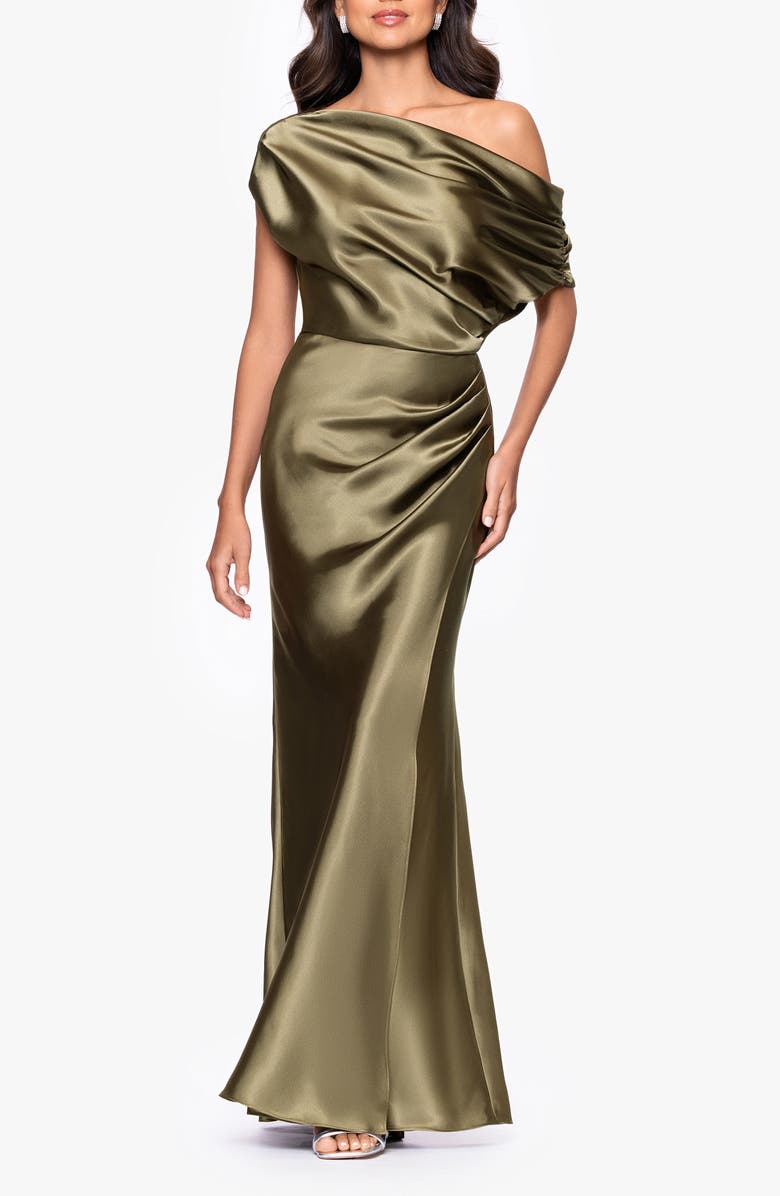 Betsy & Adam One-Shoulder Satin Sheath Gown, Main, color, Olive