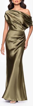 Betsy & Adam One-Shoulder Satin Sheath Gown