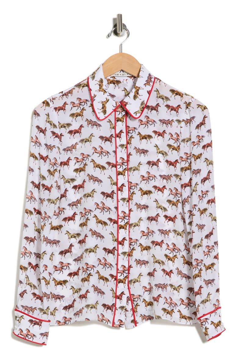 Willa Horse Print Silk Button-Up Shirt, Alternate, color, RODEO OFF WHITE
