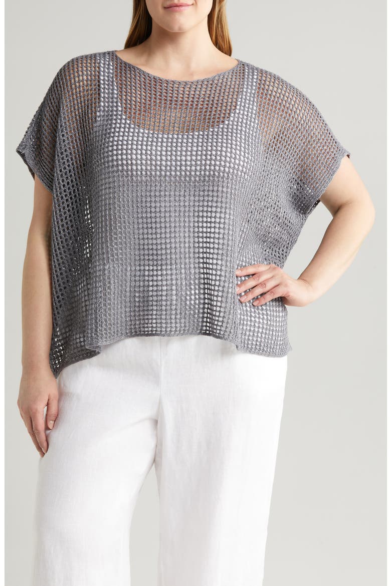 Open Stitch Short Sleeve Organic Linen Sweater, Main, color, STEEL