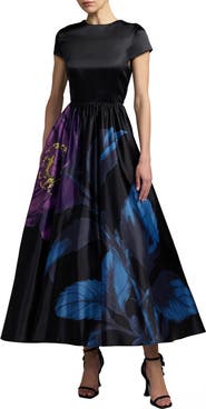 Mac Duggal Satin Cap Sleeve Floral Printed A-Line Dress