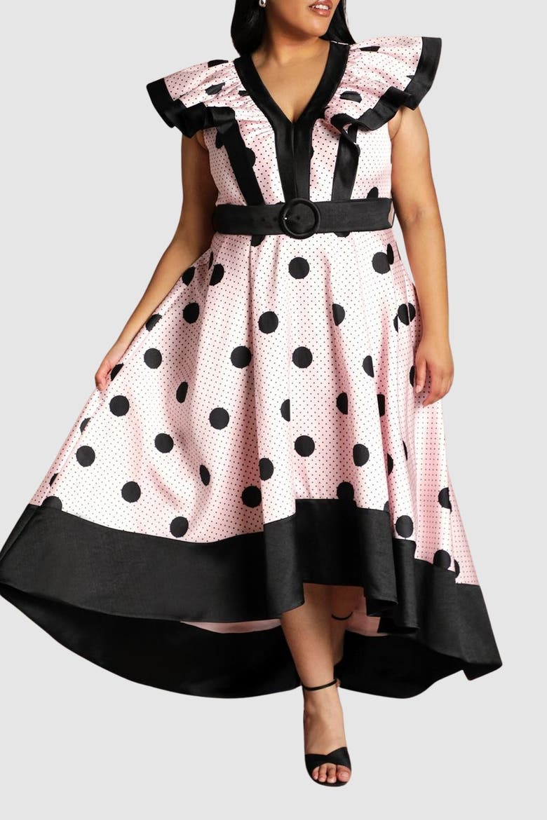 Plus Polka Dot Fit And Flare Midi Dress, Alternate, color, Pink