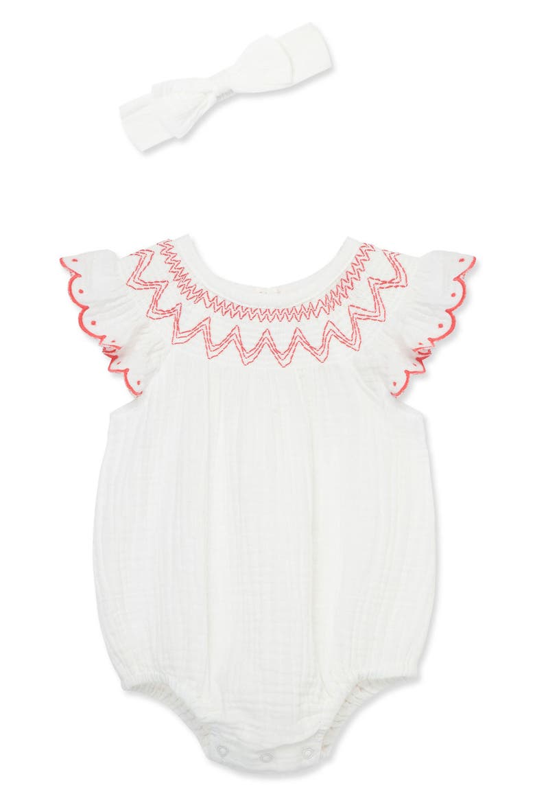 Smocked Bubble Bodysuit & Headband, Main, color, WHITE