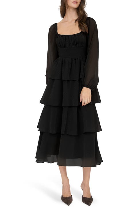 Long Sleeve Tiered Metallic Chiffon Midi Dress