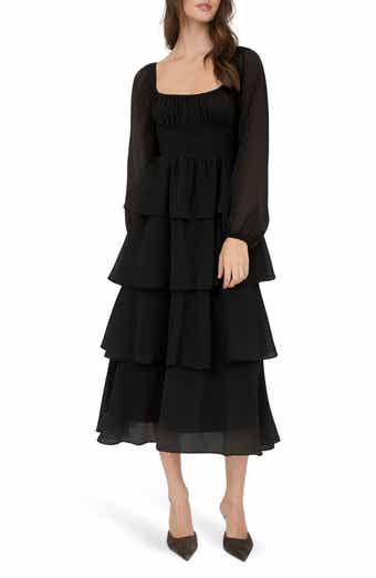 Blu Pepper Long Sleeve Tiered Metallic Chiffon Midi Dress