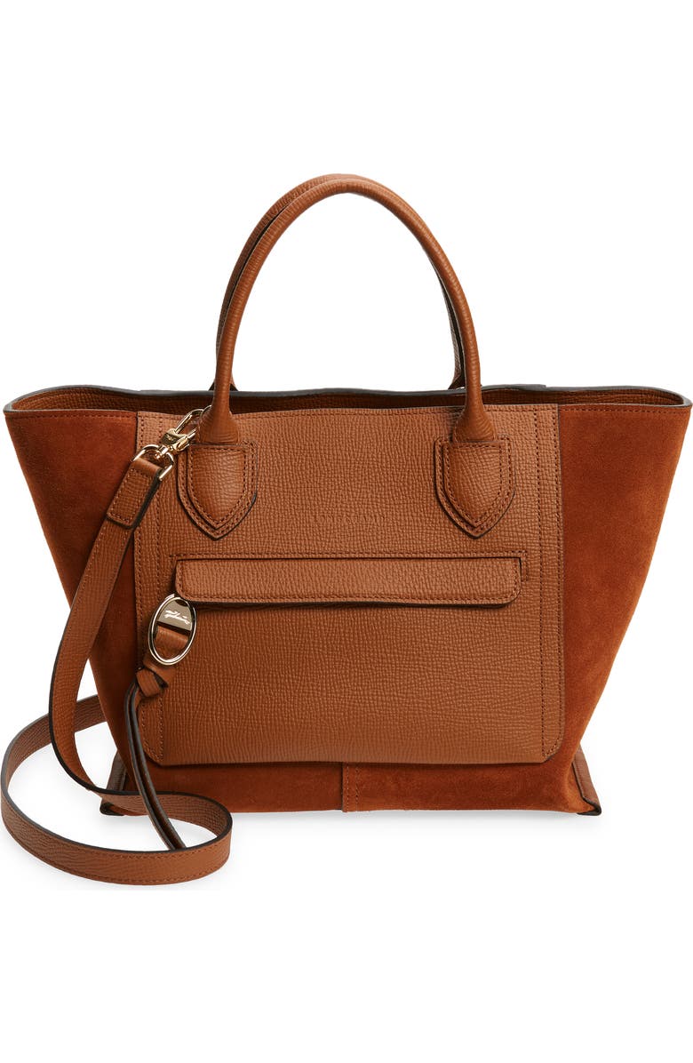 Longchamp Medium Mailbox Suede & Leather Top Handle Bag, Main, color, Cognac