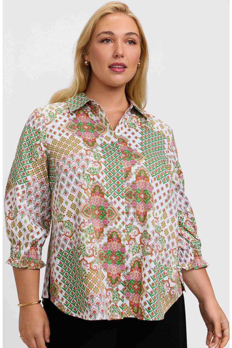 Olivia Patchwork Print Smocked Cuff Cotton Button-Up Shirt, Alternate, color, GREEN MULTI