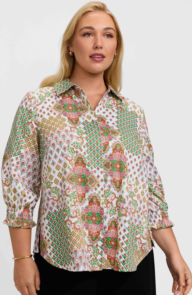 Foxcroft Olivia Patchwork Print Smocked Cuff Cotton Button-Up Shirt, Alternate, color,