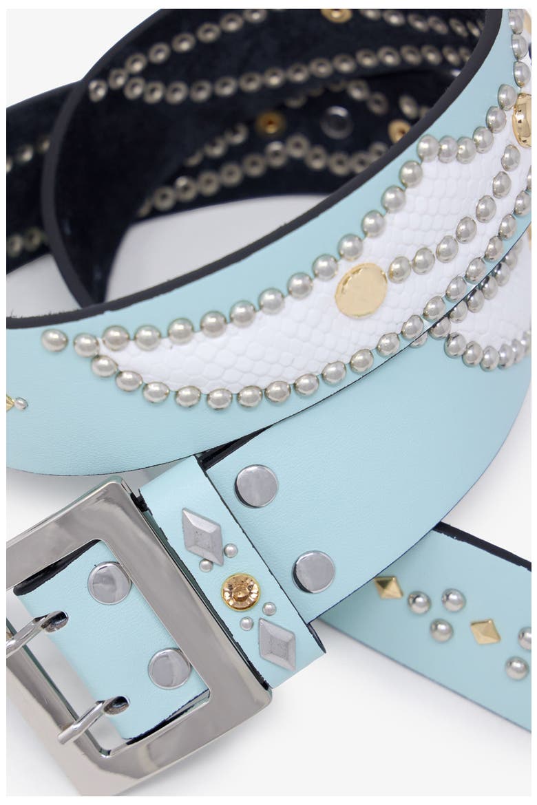 Stud Leather Belt, Alternate, color, AQUA/ WHITE