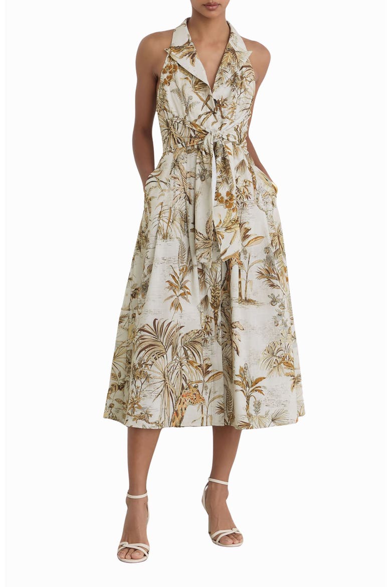 Tate Safari Print Front Tie Midi Dress, Main, color, NEUTRAL