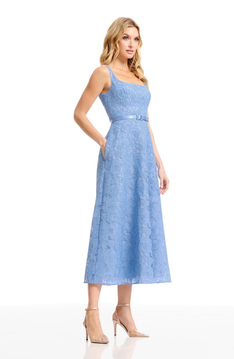 Dress the Population Shelby Floral Guipure Lace Cocktail Midi Dress, Alternate, color, Sky