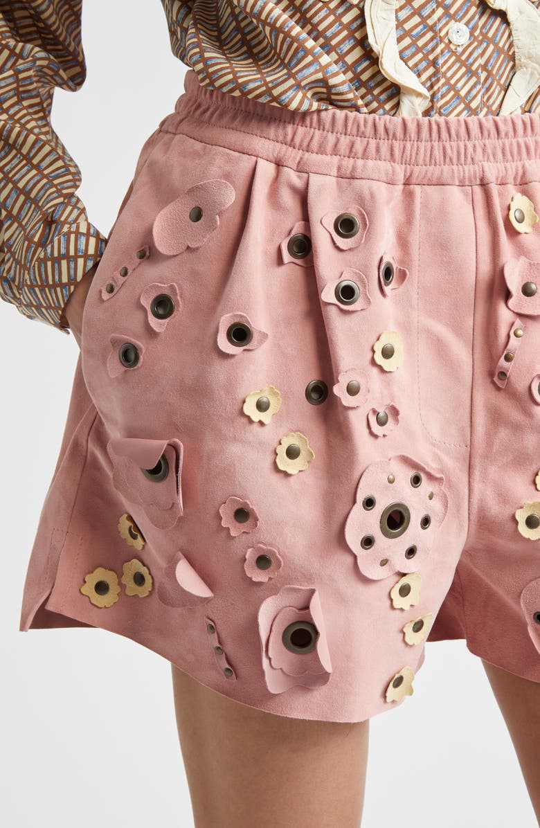 Marni Floral Appliqué Suede Shorts, Alternate, color, 00C20quartz