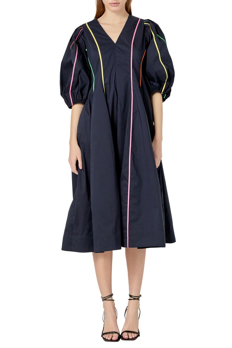 Contrast Trim Puff Sleeve Cotton Blend Midi Dress, Main, color, NAVY MULTI