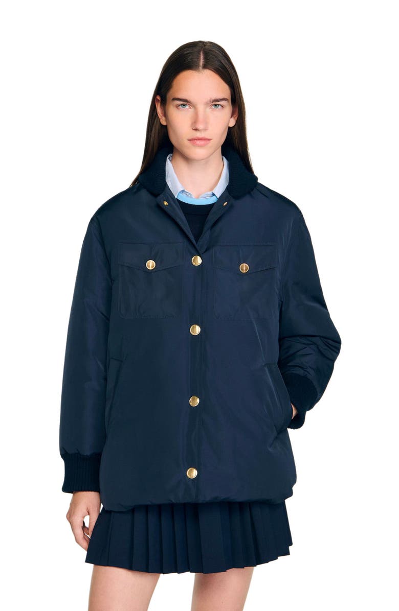 SANDRO Puffer jacket with teddy collar, Main, color, Navy Blue