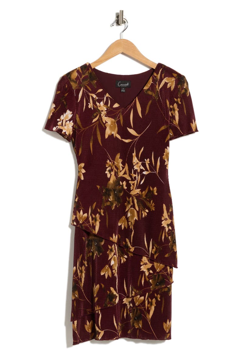 Tiered Plissé Short Sleeve Dress, Alternate, color, CABERNET
