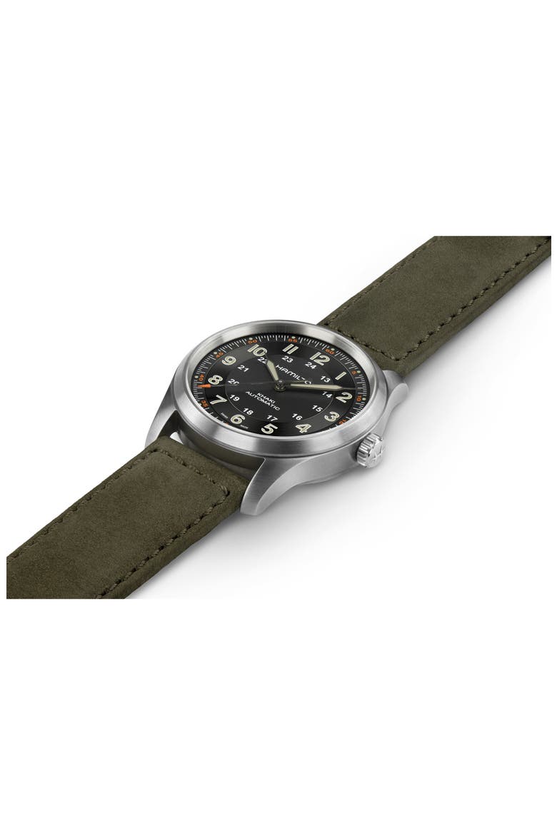 Khaki Field Automatic Leather Strap Watch, 38mm, Alternate, color, BLACK
