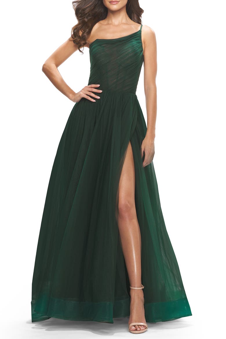 One Shoulder A-Line Tulle Gown with Sheer Bodice, Alternate, color, Dark Emerald