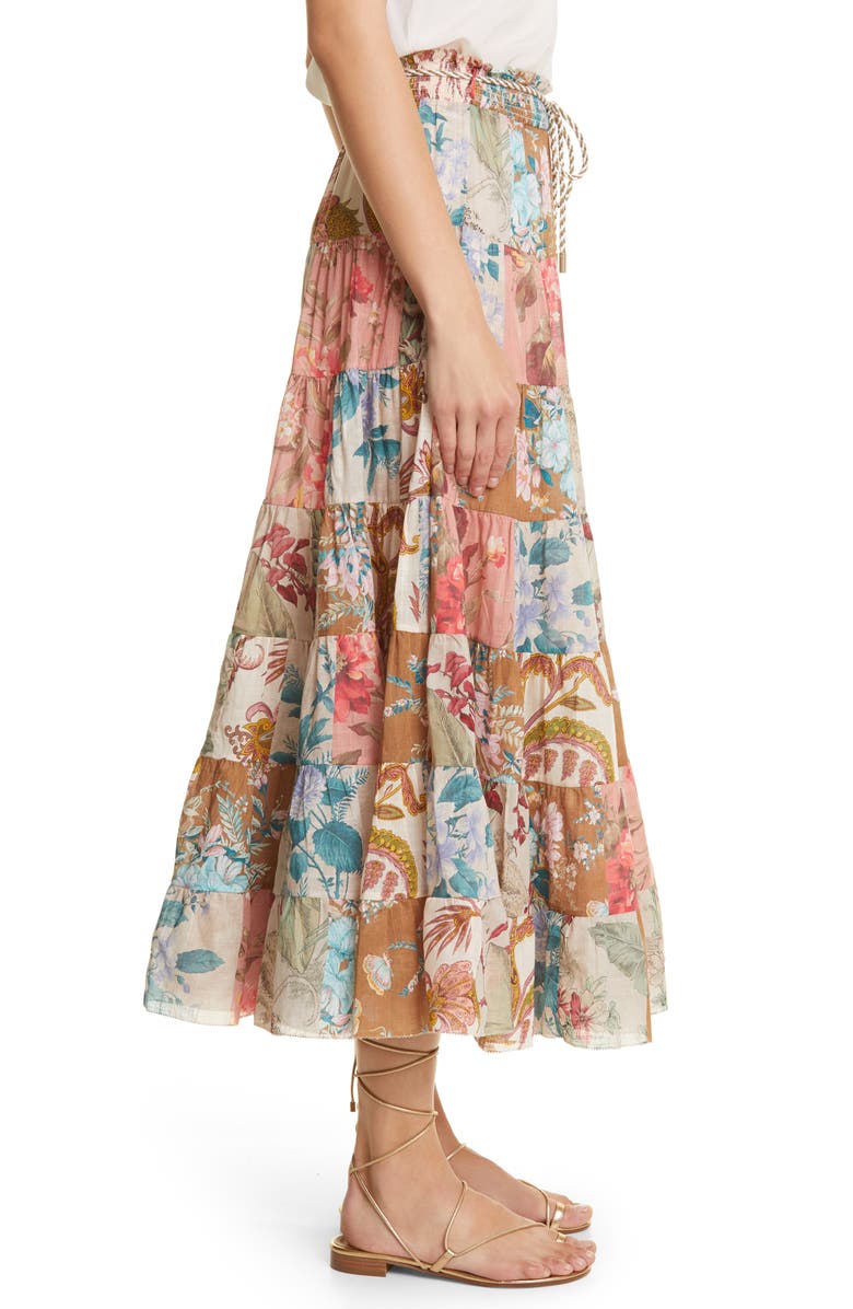 Zimmermann Cassia Patchwork Floral Cotton Midi Skirt, Alternate, color,