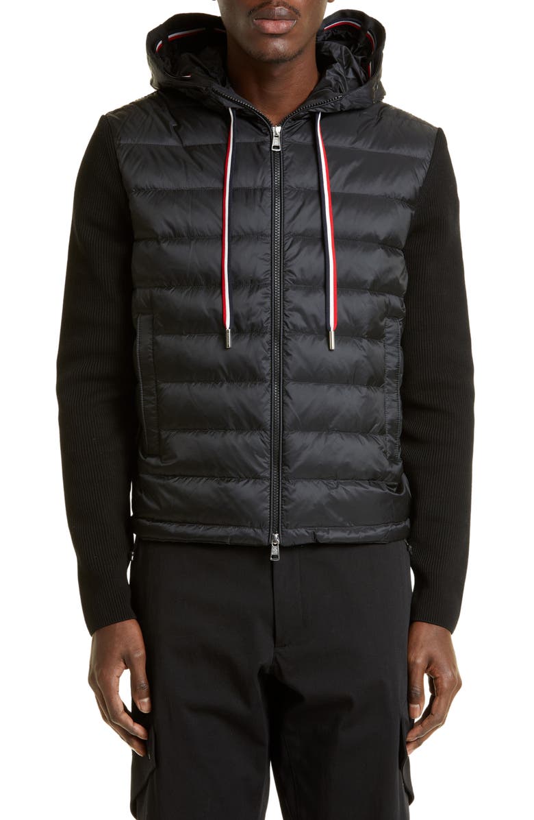 Moncler Quilted Down & Knit Cardigan, Main, color, 