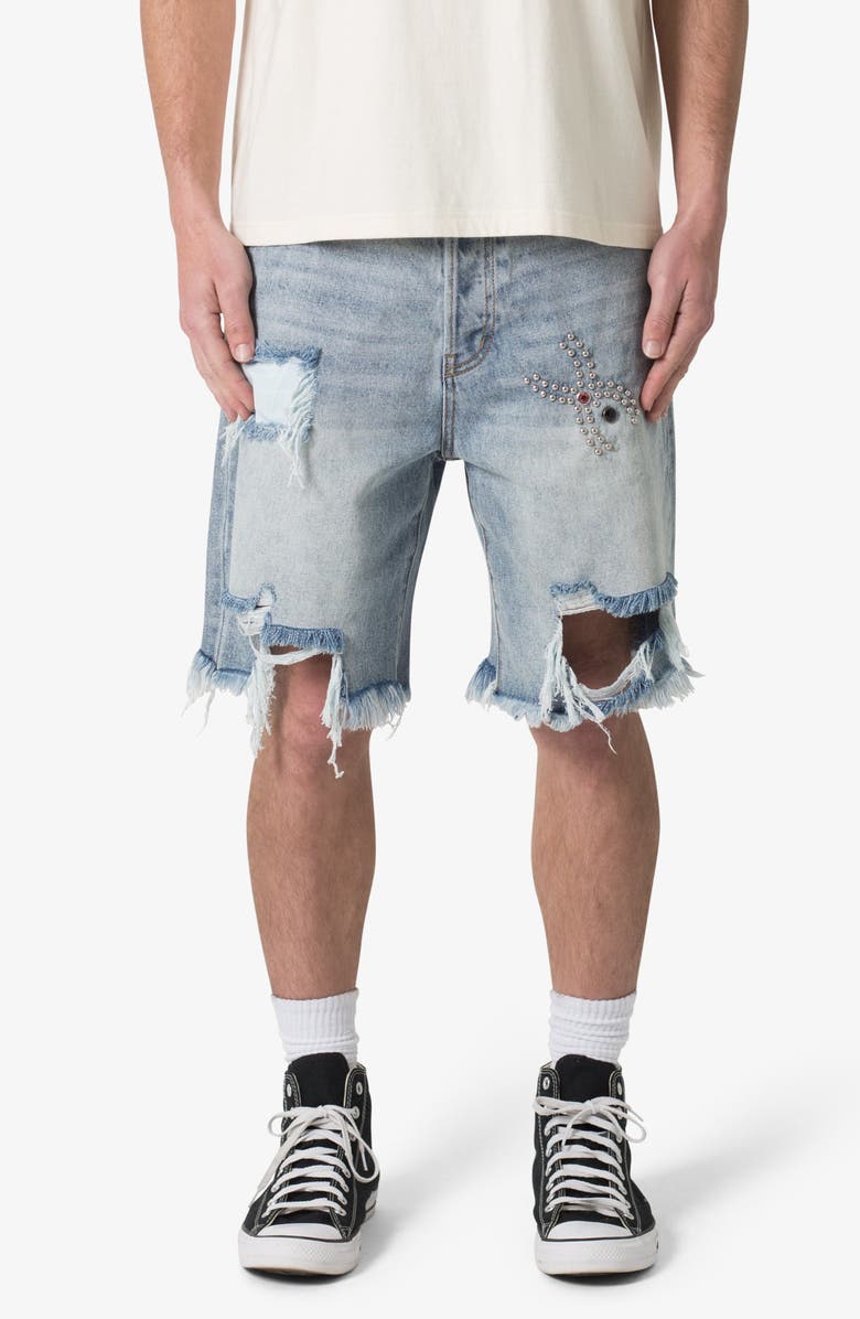 mnml Distressed Spider Denim Shorts, Main, color, Light Blue