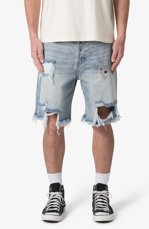 Mnml Distressed Spider Denim Shorts In Light Blue