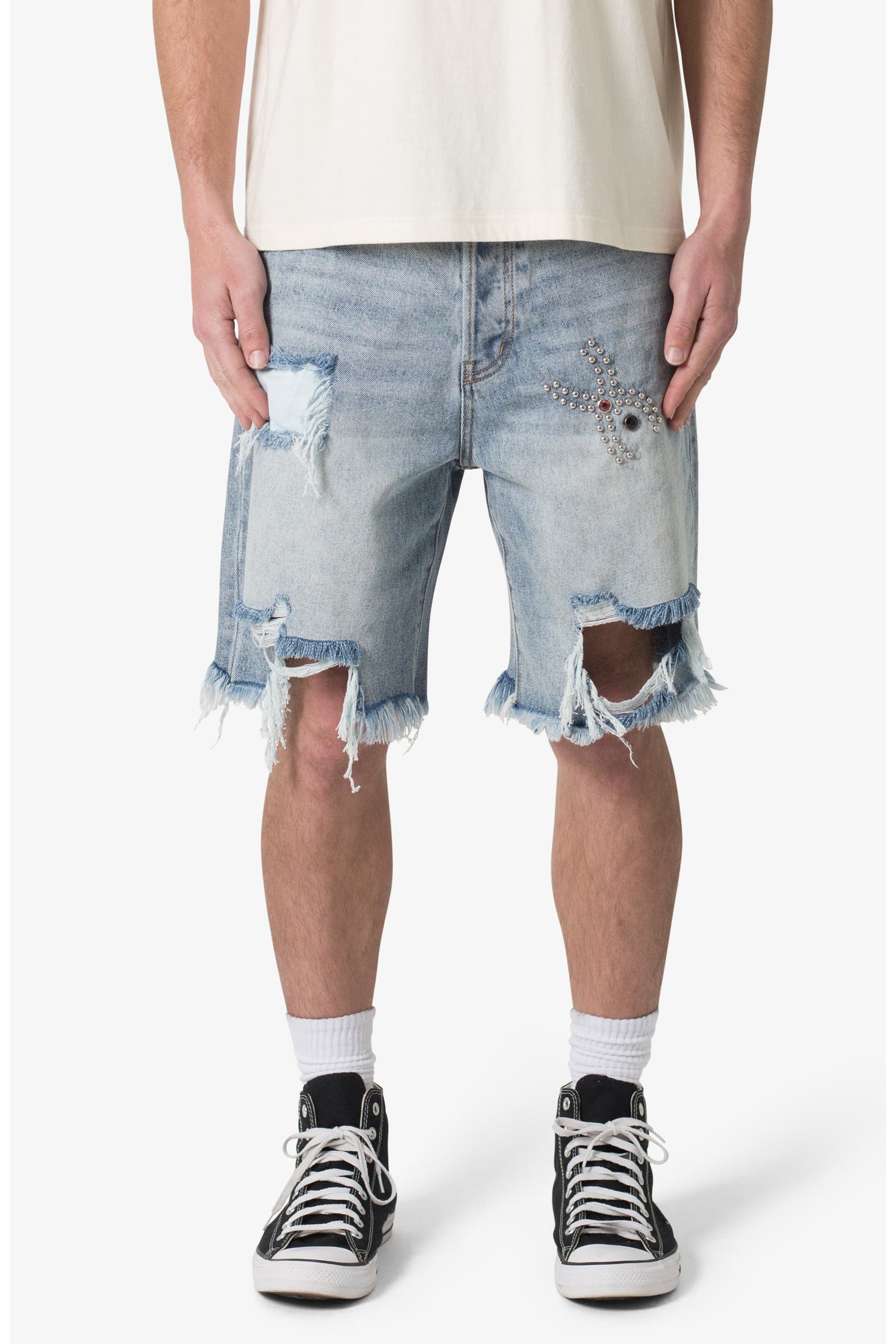 Distressed Spider Denim Shorts