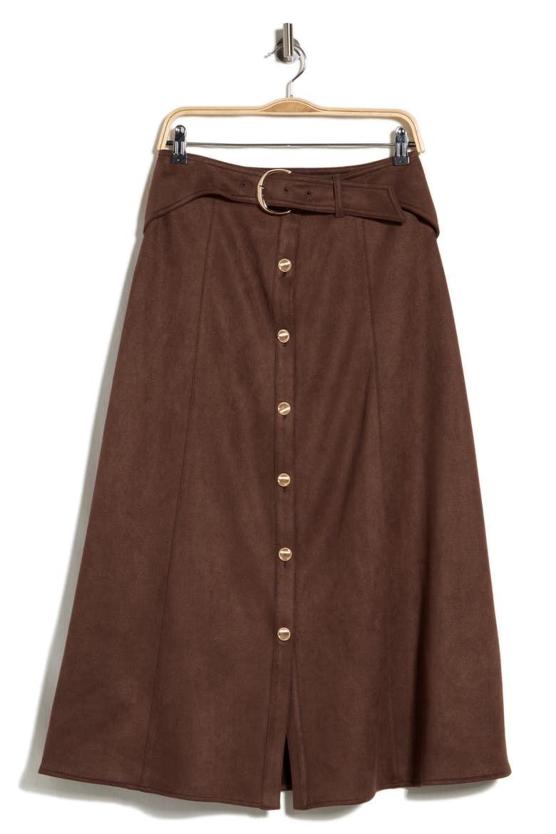 Button Front Faux Suede Midi Skirt, Alternate, color, COFFEE BEAN