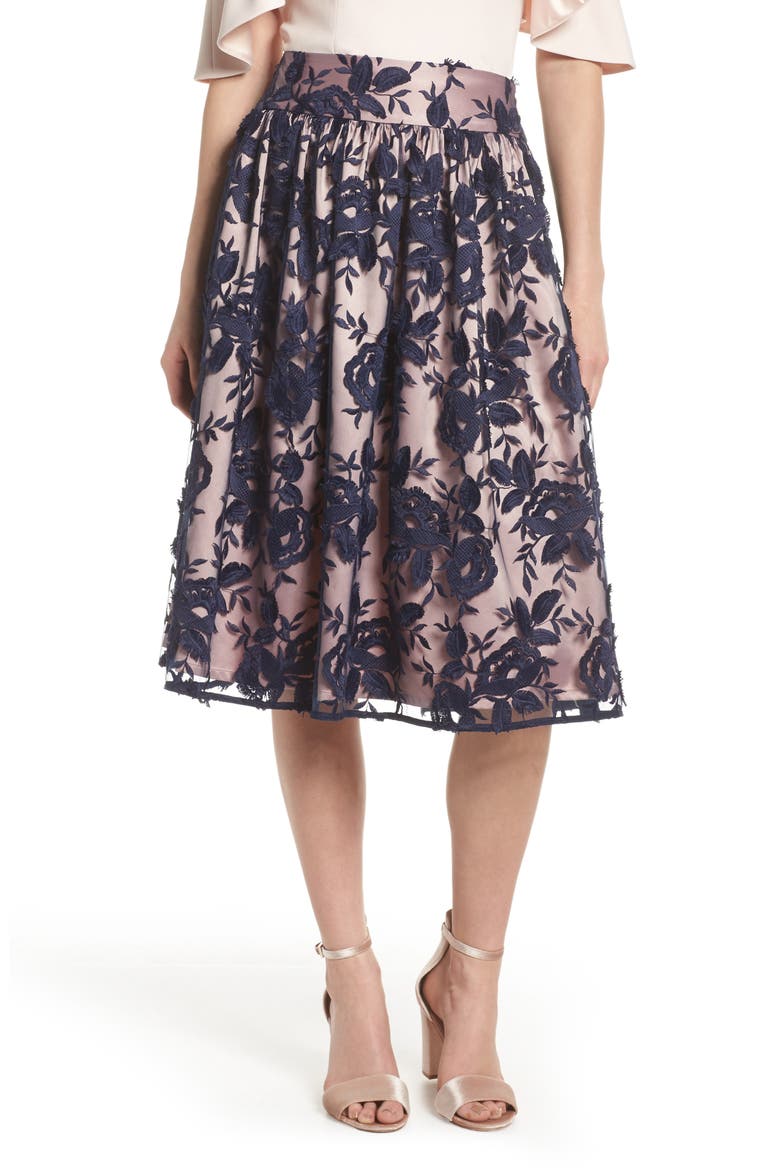 Embroidered Midi Skirt, Main, color, NAVY