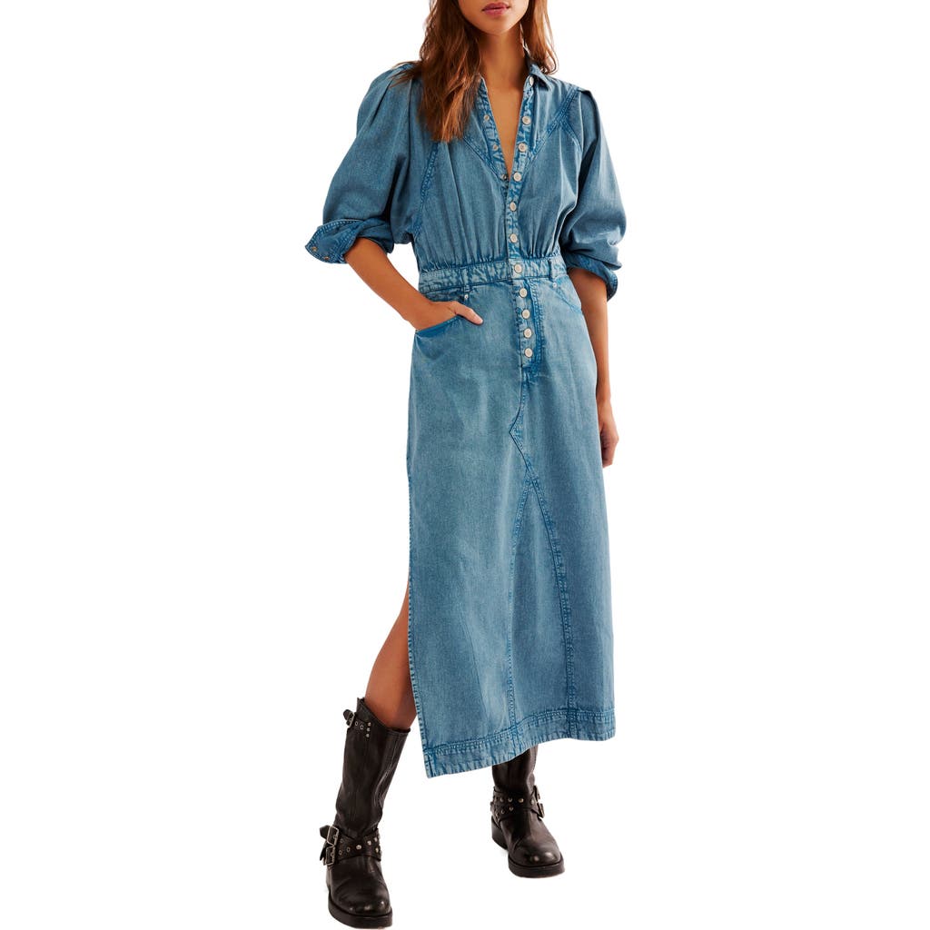 Free People Mad Love Long Sleeve Denim Midi Dress In Skyfall