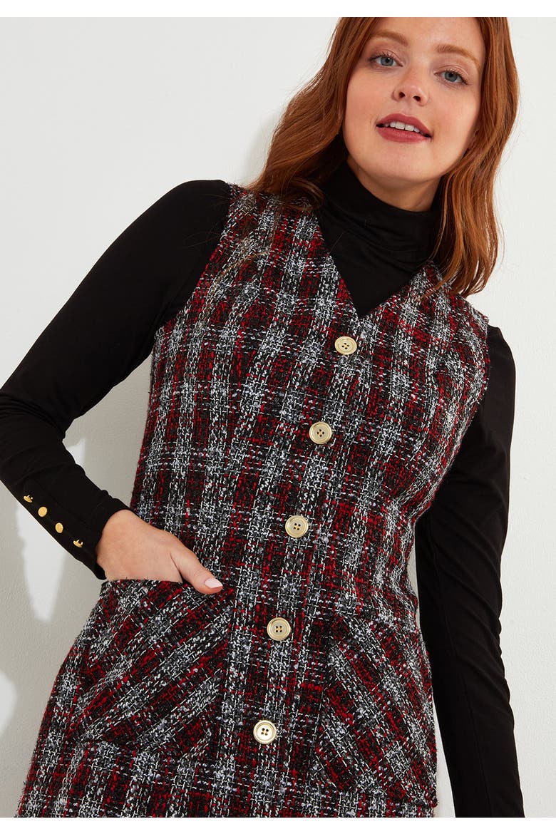 Sleeveless Tweed Dress, Alternate, color, RED PLAID