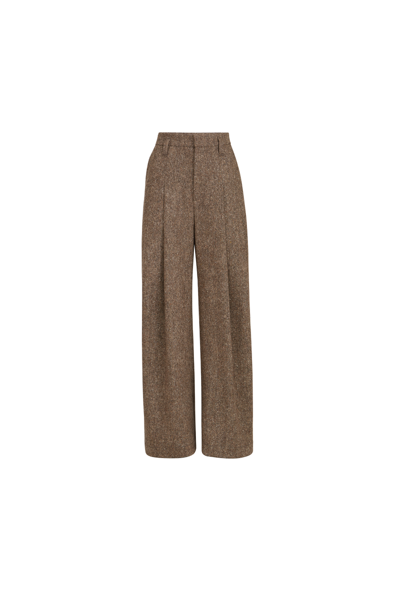 Virgin wool donegal pleated barrel trousers with monili, Alternate, color, Light Brown