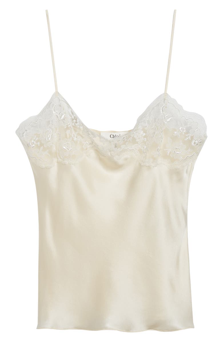 Chloé Lace Trim Silk Satin Camisole, Main, color, 112 Eden White