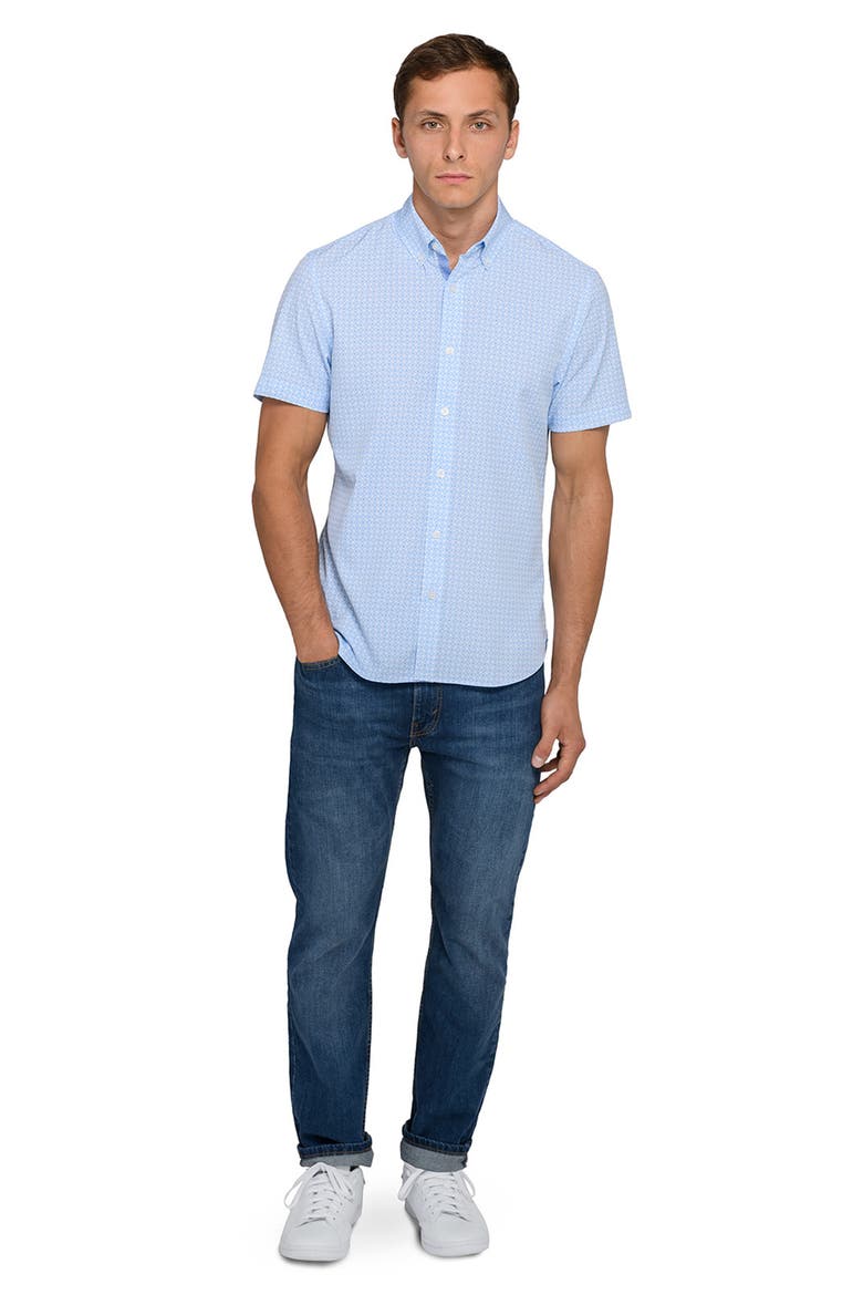 Round Checkered Woven Short Sleeve Basic, Alternate, color, WHITE/BLUE