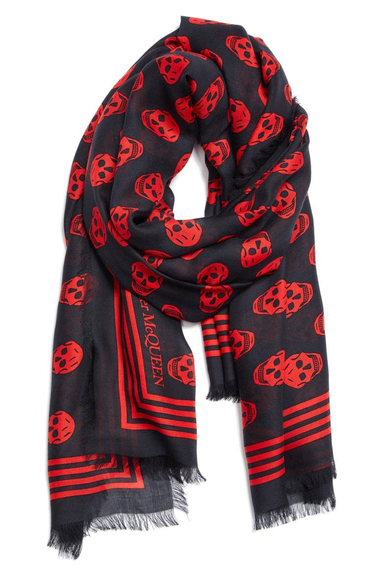 Alexander McQueen Skull Print Modal Scarf, Alternate, color, 1074 BLACK/RED