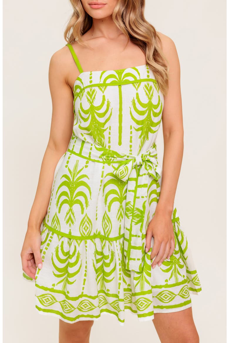 Abstract Frond Belted Linen Minidress, Alternate, color, IVORY GREEN