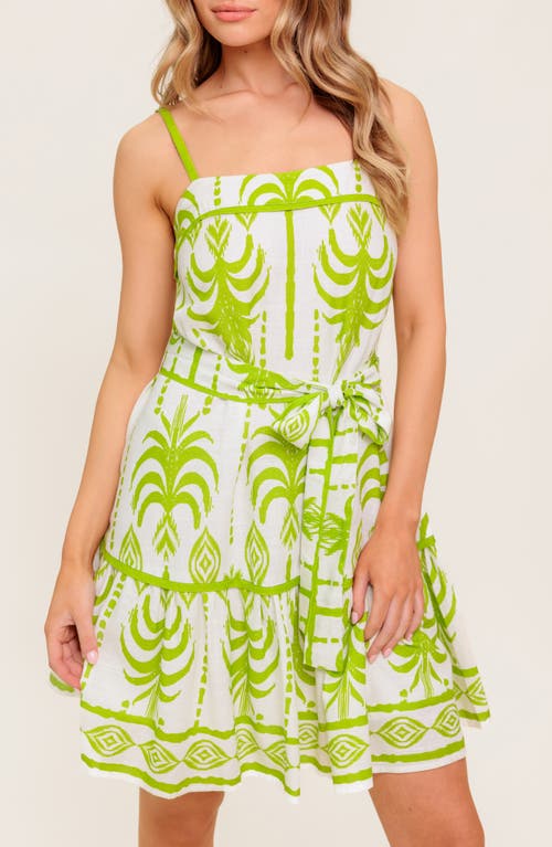 Flying Tomato Abstract Frond Belted Linen Minidress In Green