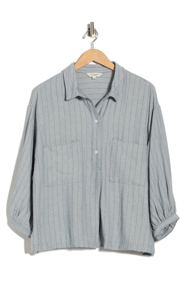 Stripe Balloon Sleeve Popover Shirt, Alternate, color, DENIM/ BLACK STRIPE