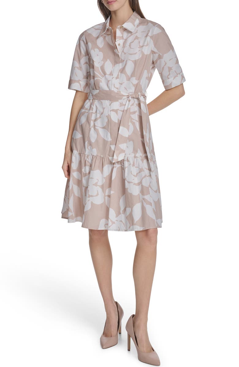Calvin Klein Short Sleeve Cotton Shirtdress, Main, color, Khaki/ Cream
