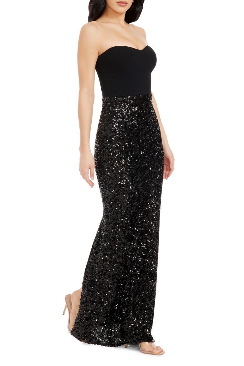 Vada Mixed Media Strapless Gown, Alternate, color, BLACK